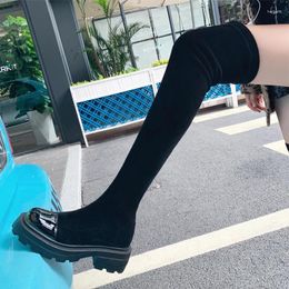 Boots Winter Long-tube Over-the-knee Women's Leather Black Show Thin Stretch Thick-soled Square Heels Knight Boot Shoes