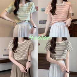 Women's T Shirts Summer O-Neck Striped Short Sleeve T-Shirt With Loose Pullover Casual Knit Top High Quality Crop Tops