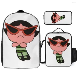 Backpack Jeans Power Puff Girl Super Shy 13 3 In 1 Set 17 Inch Lunch Bag Pen Picnics Graphic Secure Rucksack Comfortabl