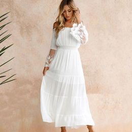 Casual Dresses Women Black Wihte Party Maxi Dress Sexy Lace Patchwork Off Shoulder Long Flare Sleeve Ruffles Autumn Spring Fall Robes