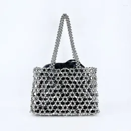 Shoulder Bags Commuter Underarm Handheld Basket Women's Bag Creative Acrylic Retro Silver Hollow Hand Woven Beaded Pearl Handbag For Women