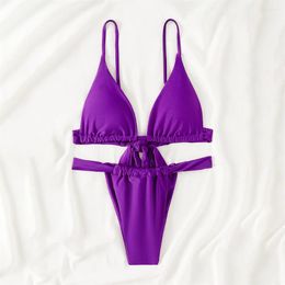 Women's Swimwear Purple Bikini Bandage Backless Micro Thong Swimsuit Y2K Vacation Tropical Trend Women Beach Bathing Suit Biquinis Mujer