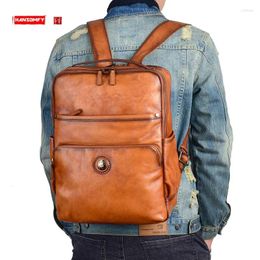 Backpack Retro Style Vegetable Tanning Cowhide Men's Casual Leather Laptop Bag Shoulder Travel Business School Bags