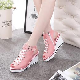 Casual Shoes Korean Designer Women Wedge Fish Mouth Canvas Mesh Breathable Platform Sneakers Female Heighten High Heels 8cm Summer