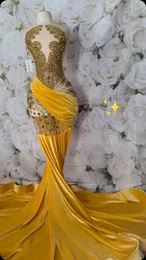 Real Images Prom Dresses Mermaid 2024 Beaded Crystal Velvet Yellow Black Girl Graduation Birthday Dress Long Party Outfits