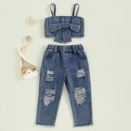 Clothing Sets Kids Girls Summer Outfits Bowknot Sleeveless Denim Cami Tops And Ripped Pants Jeans 2Pcs Clothes Set