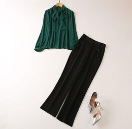 2023 Spring Green Solid Colour Two Piece Pants Sets Long Sleeve Round Neck Ribbon Tie Bow Blouse High Waist Long Pants Suits Set 8587485