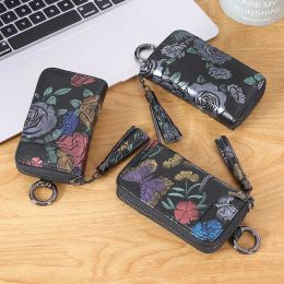 Wallets 2022 New Painted Rose Genuine Leather Key Holder Pocket Wallet Keys Organiser Keychain for Men and Women Key Case Porta Llaves