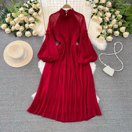 Casual Dresses French Chic Maxi Women Stand Collar Lantern Sleeve Elegant Female Vestidos Agaric Lace Patchwork Pleated Dress Dropship