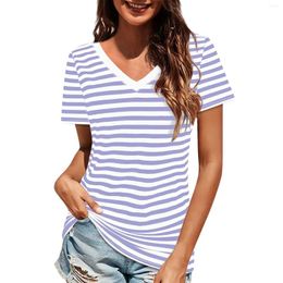 Women's T Shirts Summer Short Sleeve Striped T-shirts Versatile Women Basic Casual Tops Female Cosy V Neck Loose Tees 2024 Harajuku Shirt