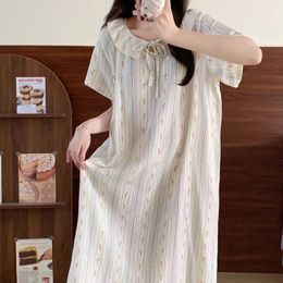 Women's Sleepwear Floral Striped Womens Korean Style Nightgown Lace Short Sleeve Night Dress One Piece Pyjama Summer Home Wear 2024