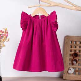 Girl Korean Casual Dresses 05Y Summer Infant Girls Solid Dress Cute and Sweet Little Flying Sleeves Sleeveless 240416