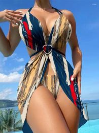 Women's Swimwear Bathing Suit Women 3PCS Tie Dye Print Striped Halter Bikini Set With Cover Up