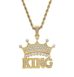 Fashioncrown king diamonds pendant necklaces for men women luxury letters pendants alloy rhinestone chain necklace gold silver je7304561