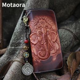 Wallets Motaora 2023 New Women Wallet Vintage Handmade Genuine Leather Carved Men Long Cowhide Wallets Card Holder Phone Purses