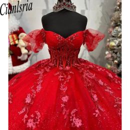 Red Princess Quinceanera Dresses Off Shoudler Sparkly Applique Corset vestido de festa 15 anos 2024 Wome Prom Wear