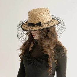 Wide Brim Hats Fashionable Spring Summer Straw Hat With Bow Sun Mesh Yarn Patterned Raffia Flat-top Beach