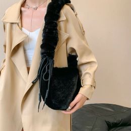 Hobos Women Plush Drawstring Bag Y2K Fluffy Shoulder Bag Faux Fur Plush Versatile Purse Solid Colour Female Winter Daily Bag