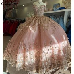 Rose Gold Sequined Lace Ruffles Ball Gown Quinceanera Dresses Sweetheart Beading Crystal Corset Vestidos De 15 Anos