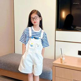 Clothing Sets 2024 Korea Summer Girl Overall Short Sleeve 2PCS Outfit Cool Stripe Casual Sport Set Children Suit Costume Clothes