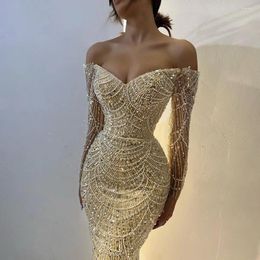 Party Dresses Elegant Mermaid Pearls Sequin Off The Shoulder Long Sleeves Luxury Formal Prom Wedding Gowns Evening Dress For Women 2024