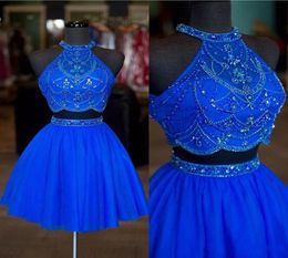 Royal Blue 2 Pieces Short Homecoming Prom Dresses Halter Beaded Crystals Tulle Ruched Keyhole Back Young Girl Party Cocktail Dress8429594