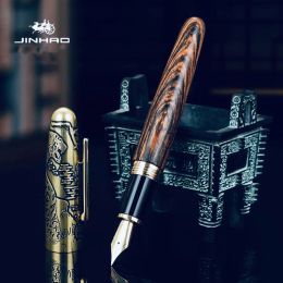 Pens JinHao 9056 Wood Fountain Pen Ebony Relief Tiger Golden EF Calligraphy Stationery Office Supplies Ink Pens