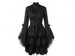 Casual Dresses Black Long Sleeve Renaisssance Ruffled Vintage Medieval Dress Lace-up Irregularity Tiered Skirt Victorian Women Costumes