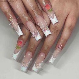 False Nails 24Pcs Pink Long Ballet White Flower False Nails Gradient with Rhinestones French Design Wearable Fake Nails Press on Nail Tips Y240419