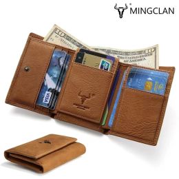 Holders MINGCLAN Trifold Short Wallet Genuine Leather RFID Blocking Coin Pure Men Women