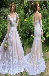 Luxury Champagne Long Sleeves Lace Appliqued Aline Wedding Dress Vintage Saudi Arabia Dubai Plus Size Bridal Gown9515550