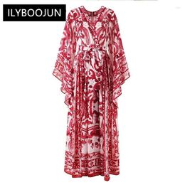 Casual Dresses For Women 2024 High Dress Women's V-Neck Bow-frenulum Red Flower Porcelain Printing Maxi Long