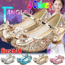 Princess Kids Leather Shoes for Girls Flower Casual Glitter Children High Heel Girls Shoes Butterfly Knot Blue Pink Silver 240412
