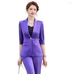 Women's Two Piece Pants Sets For Women Chic And Elegant Half Sleeve Blazer 2 Pieces Outfits Trousers Suits Purple Spring Summer 2024