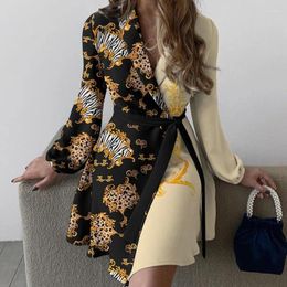 Casual Dresses A-line Suit Dress Patchwork Sexy V-neck Y2K Colour Block Lace-up Women Summer Long Sleeve Slim Fits Lace Up