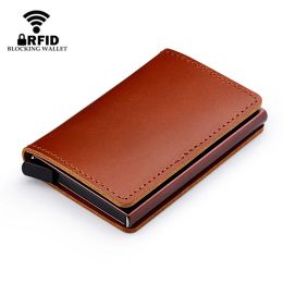 Holders 100% Genuine Leather Credit Card Holder RFID Blocking Men's Metal ID Card Case Aluminium Bank Cardholder Small Wallet