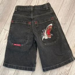 Harajuku Hip Hop Denim Shorts JNCO Shark Embroidery Loose Black Retro Jeans Shorts Men Summer Sweatpants Streetwear 240409