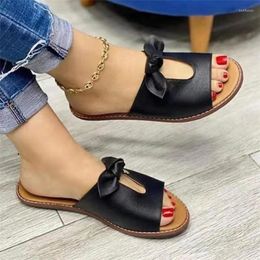 Slippers Women's Bow Tie Decor Casual Summer Open Toe Round Solid Ladies Beach Flat Slides Outdoor Comfy Shoes