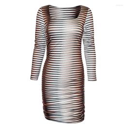 Casual Dresses 20242 Autumn Sexy Slim Midi Bodycon Elegant Evening Club Party Birthday Brown Long Sleeve Square Collar Striped Dress