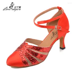 Dance Shoes Ladingwu Satin And Flash Cloth Ballroom Party Red/Apricot Latin Woman Salsa Heel 5/6/7/7.5cm