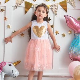 Sommer Neue europäische und amerikanische Kinderkleid Girls Love Pailletten Strickkleid Dream Stickerei Mesh Weste Prinzessin Kleid