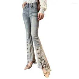 Women's Jeans European Heavy Industry Embroidered Beaded Summer High Waist Elastic Slim Fit Micro Flare Pants Wide Leg