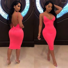 Casual Dresses SKMY Women Clothing 2024 Arrivals Sexy Open Back Spaghetti Strap Dress Solid Color V-Neck Bodycon Nightclub Party