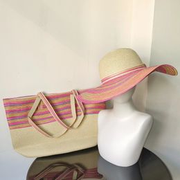 Colour striped wide brim straw hat set summer hat womens hand-woven bucket bag hat beach vacation sun protection hat 240412