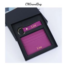 Holders Custom Initials Gift Box Set Genuine Leather Card holder Key Ring Wallet For Men Women MultiCard Cardholder Simple Style