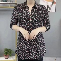 Women's Blouses Women Pullover Tops Lapel V-neck Buttons Half Placket Blouse Long Sleeve Shirt Floral Print Mid-aged Mom Camisa De Mujer