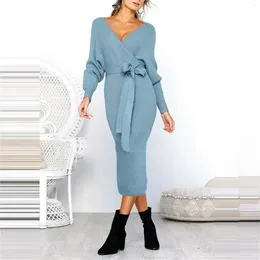 Casual Dresses Women Elegant Knit Dress Long Sleeve Slim V-neck Split Midi Wrap Hip Bodycon Sweater 2024 Spring Autumn