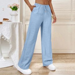 Women's Pants Blue Cotton Linen Women Vertical Pleated Drawstring Casual Wide Leg Summer Trousers Palazzo Workwear Pantalones