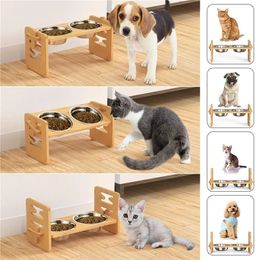 Bamboo Elevated Dog Bowls with Stand Adjustable Raised Puppy Cat Food Water Bowls Holder Rabbit Feeder for Small Medium Pet with 240407