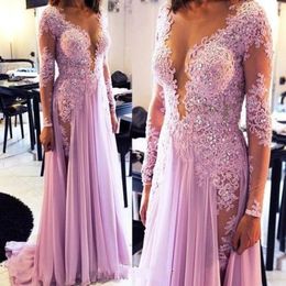 Light Pink Evening Dress Long Sleeves Scoop Appliques Beaded Prom Dresses Long Chiffon African Formal Party Wear9506167
